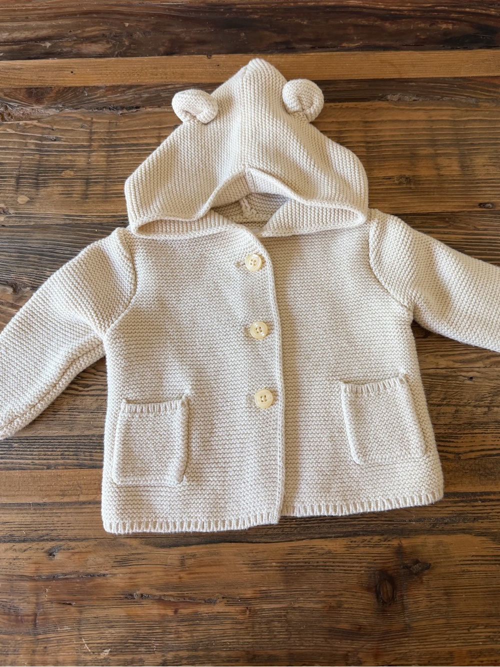 babyGAP 6-9 MONTHS Cream Hooded Knit Baby Cardigan with Bear Ears